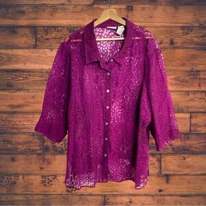 5 for $25🔥White Stag Sheer Fuchsia Pink 3/4 Sleeve Button Front Blouse 26W/28W